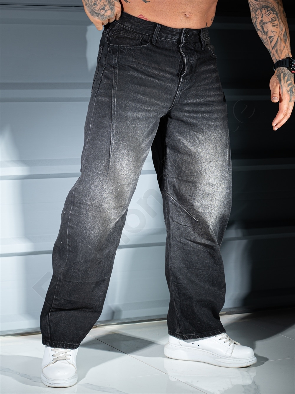 Ανδρικό τζιν παντελόνι baggy ξεβαμμένο-μαύρο-κωδ 8636