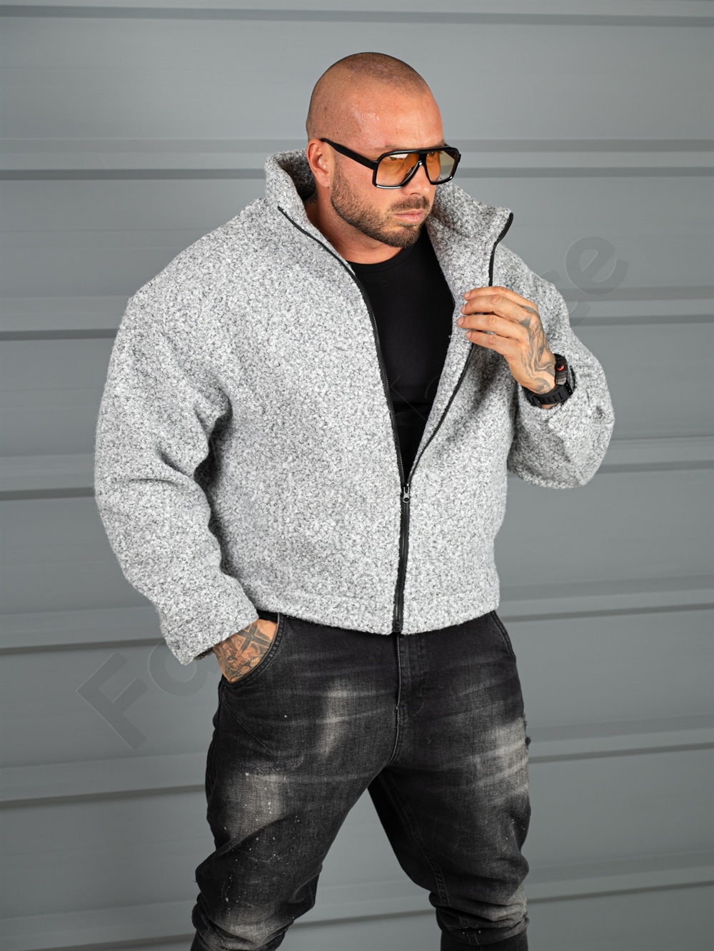 Ανδρικο μπουφάν μπουκλέ Oversize-γκρι μελάνζ-κωδ 26030-1
