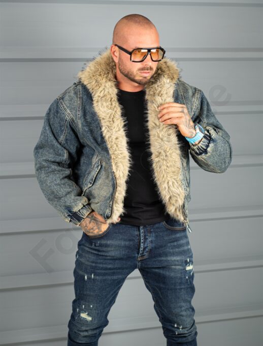 Ανδρικο τζιν μπουφάν bomber με γούνα-vintage μπλε-κωδ 26702