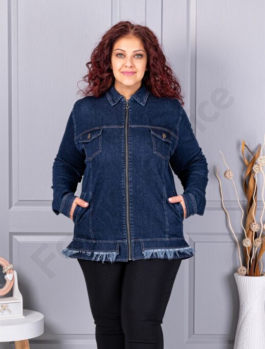 Plus size τζιν μπουφάν με ξέφτια στο τελείωμα-κωδ 26217