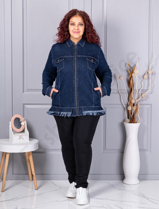 Plus size τζιν μπουφάν με ξέφτια στο τελείωμα-κωδ 26217
