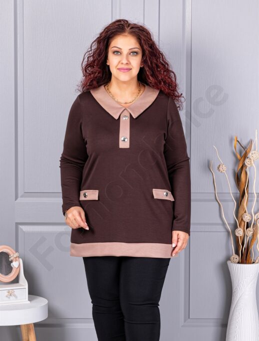 Plus size μπλούζα με γιακά και κουμπιά-καφέ-κωδ 1475-4