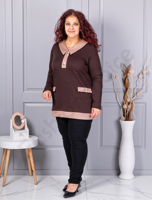 Plus size μπλούζα με γιακά και κουμπιά-καφέ-κωδ 1475-4