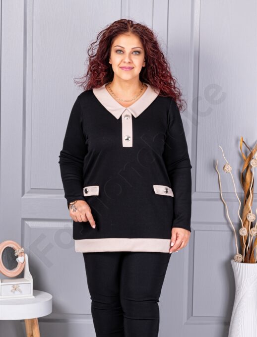Plus size μπλούζα με γιακά και κουμπιά-μαύρο-κωδ 1475-3