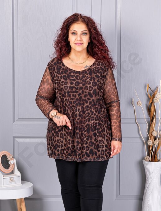 Plus size μπλούζα από ελαστικό τούλι με λεοπάρ μοτίβο-καφέ-κωδ 10110-3