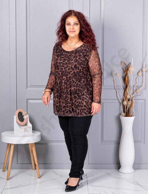 Plus size μπλούζα από ελαστικό τούλι με λεοπάρ μοτίβο-καφέ-κωδ 10110-3