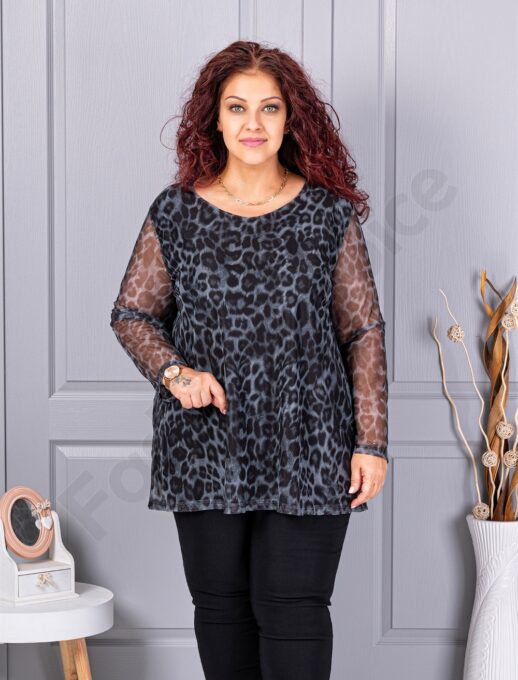 Plus size μπλούζα από ελαστικό τούλι με λεοπάρ μοτίβο-μαύρο-κωδ 10110