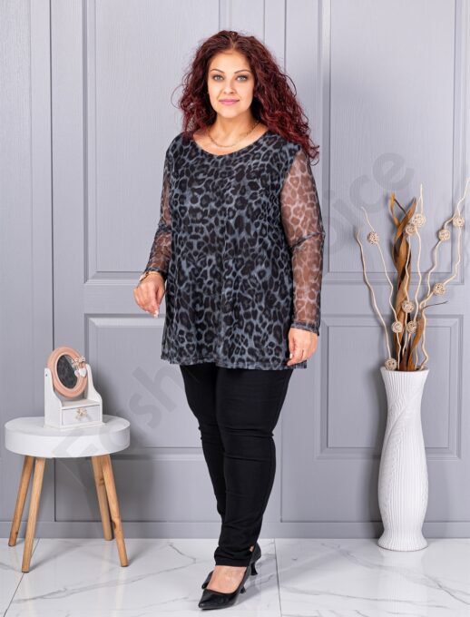Plus size μπλούζα από ελαστικό τούλι με λεοπάρ μοτίβο-μαύρο-κωδ 10110