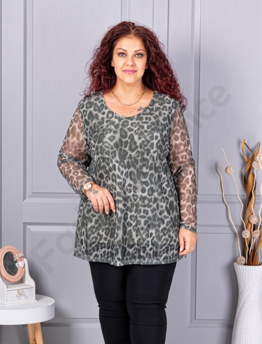 Plus size μπλούζα από ελαστικό τούλι με λεοπάρ μοτίβο-χακί-κωδ 10110-2