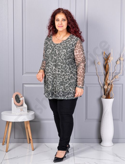 Plus size μπλούζα από ελαστικό τούλι με λεοπάρ μοτίβο-χακί-κωδ 10110-2