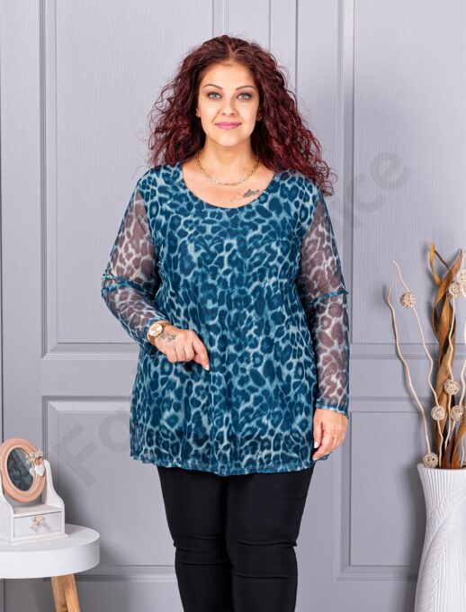 Plus size μπλούζα από ελαστικό τούλι με λεοπάρ μοτίβο-πετρόλ-κωδ 10110-4