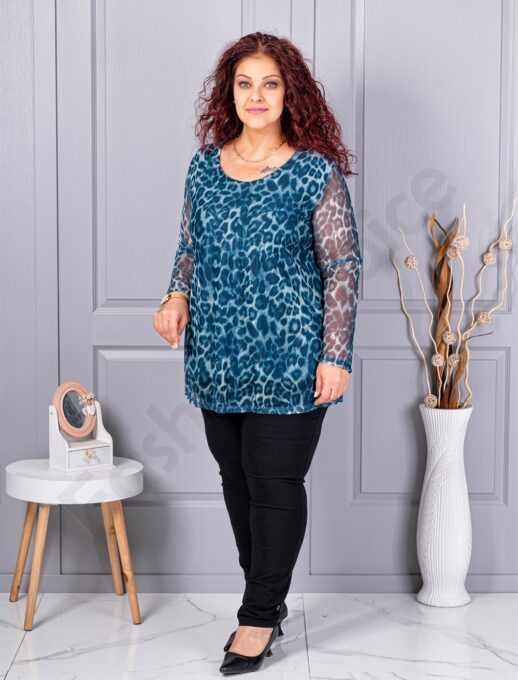 Plus size μπλούζα από ελαστικό τούλι με λεοπάρ μοτίβο-πετρόλ-κωδ 10110-4