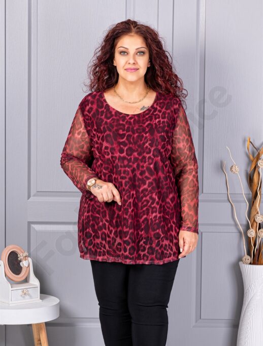 Plus size μπλούζα από ελαστικό τούλι με λεοπάρ μοτίβο-μπορντό-κωδ 10110-1