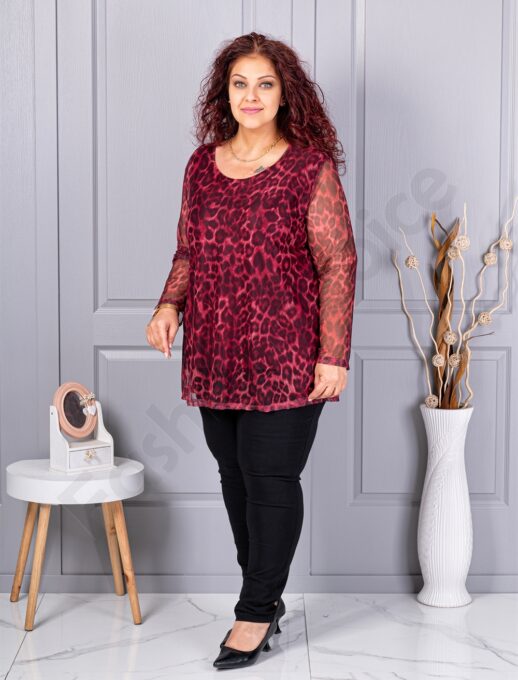 Plus size μπλούζα από ελαστικό τούλι με λεοπάρ μοτίβο-μπορντό-κωδ 10110-1