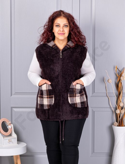 Plus size κασμίρ γιλέκο με καρό τσέπες-καφέ-κωδ 5716-4