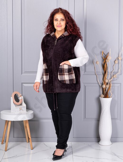Plus size κασμίρ γιλέκο με καρό τσέπες-καφέ-κωδ 5716-4