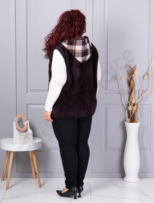 Plus size κασμίρ γιλέκο με καρό τσέπες-καφέ-κωδ 5716-4