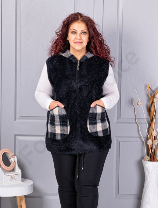 Plus size κασμίρ γιλέκο με καρό τσέπες-μαύρο-κωδ 5716