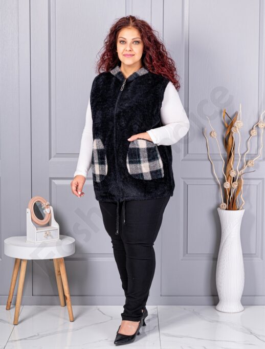 Plus size κασμίρ γιλέκο με καρό τσέπες-μαύρο-κωδ 5716