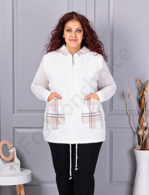 Plus size κασμίρ γιλέκο με καρό τσέπες-εκρού-κωδ 5716-1