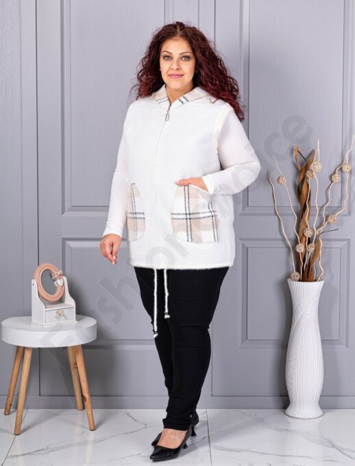 Plus size κασμίρ γιλέκο με καρό τσέπες-εκρού-κωδ 5716-1