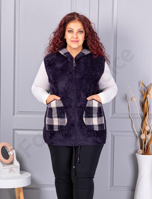 Plus size κασμίρ γιλέκο με καρό τσέπες-μωβ-κωδ 5716-2