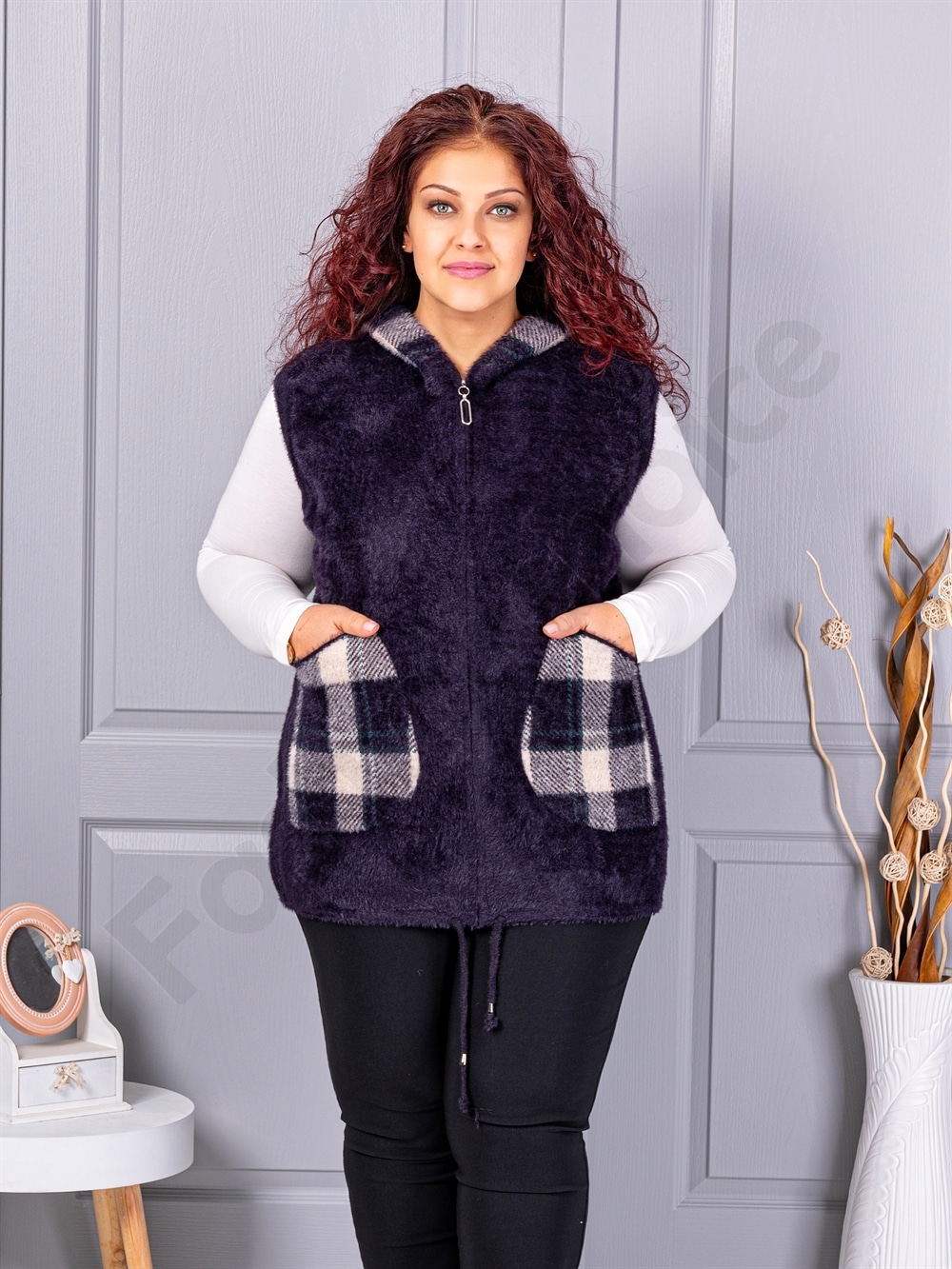 Plus size κασμίρ γιλέκο με καρό τσέπες-μωβ-κωδ 5716-2