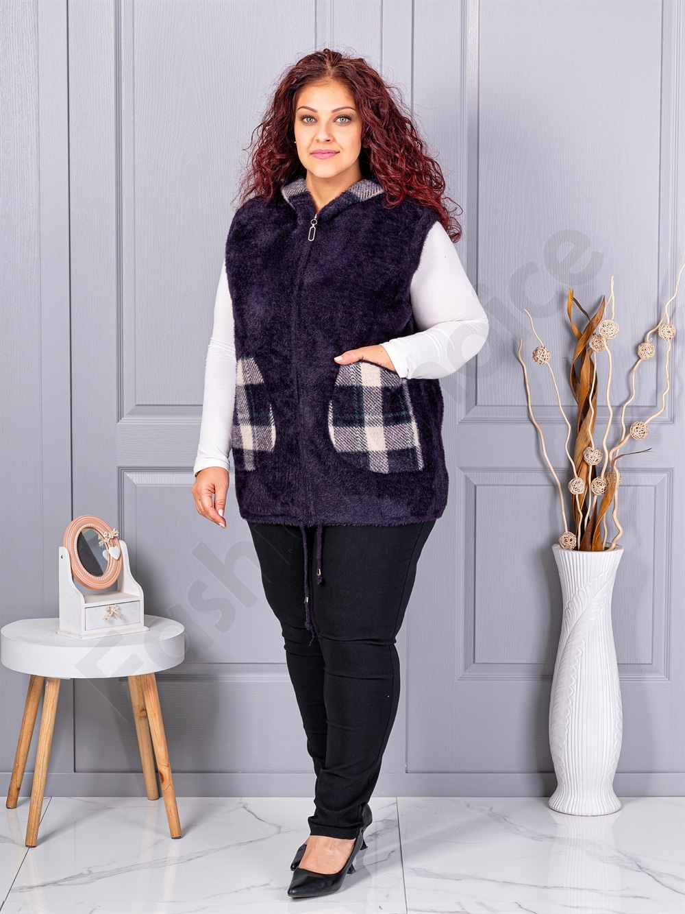 Plus size κασμίρ γιλέκο με καρό τσέπες-μωβ-κωδ 5716-2
