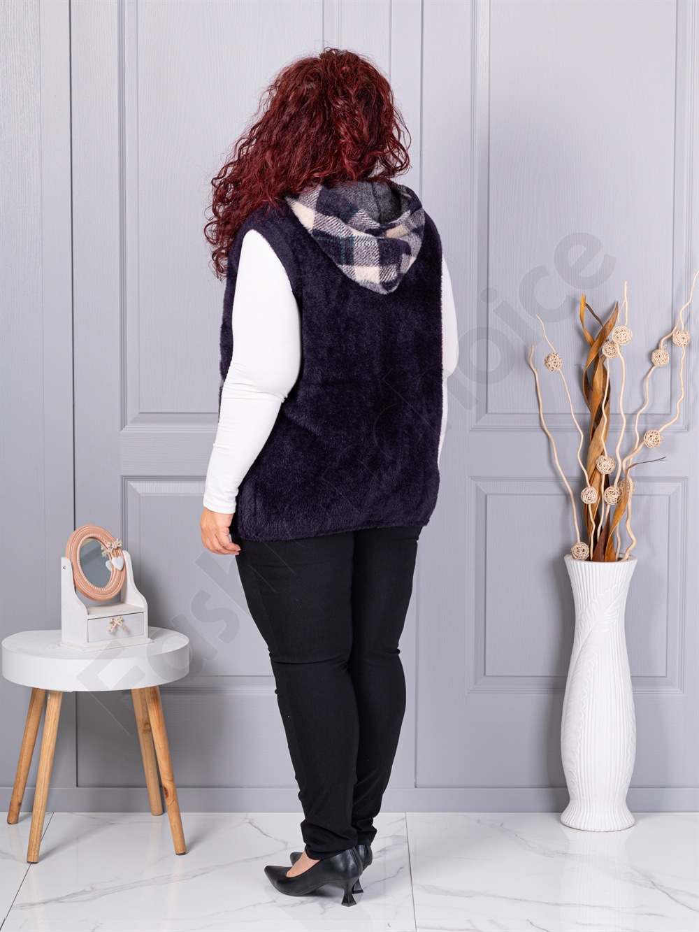 Plus size κασμίρ γιλέκο με καρό τσέπες-μωβ-κωδ 5716-2