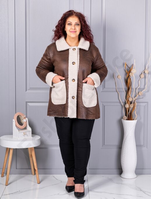 Plus size σουέτ μπουφάν με γούνινη λεπτομέρεια-καφέ-κωδ 9830-5