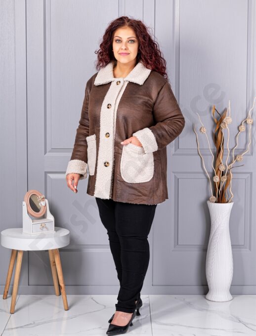 Plus size σουέτ μπουφάν με γούνινη λεπτομέρεια-καφέ-κωδ 9830-5