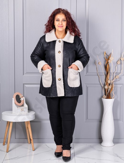Plus size σουέτ μπουφάν με γούνινη λεπτομέρεια-μαύρο-κωδ 9830