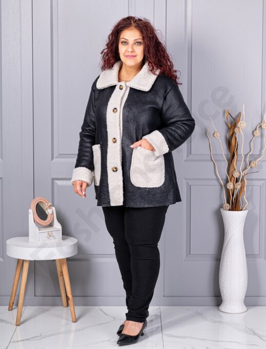 Plus size σουέτ μπουφάν με γούνινη λεπτομέρεια-μαύρο-κωδ 9830