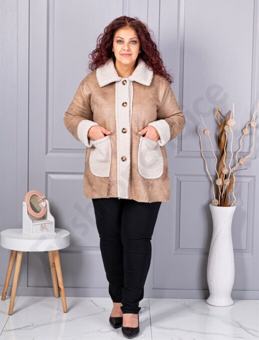 Plus size σουέτ μπουφάν με γούνινη λεπτομέρεια-μπεζ-κωδ 9830-1