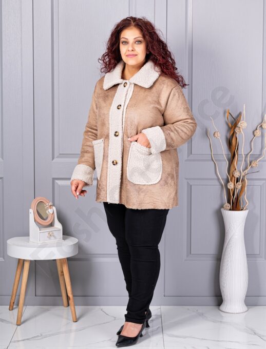 Plus size σουέτ μπουφάν με γούνινη λεπτομέρεια-μπεζ-κωδ 9830-1