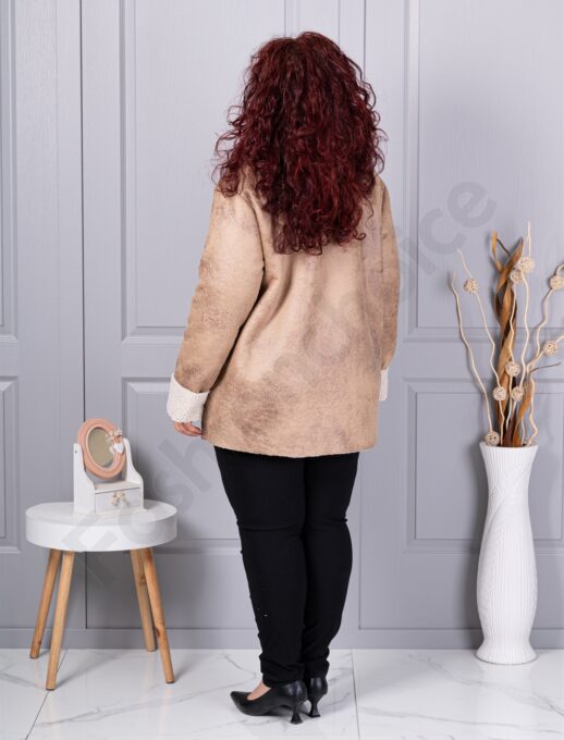 Plus size σουέτ μπουφάν με γούνινη λεπτομέρεια-μπεζ-κωδ 9830-1
