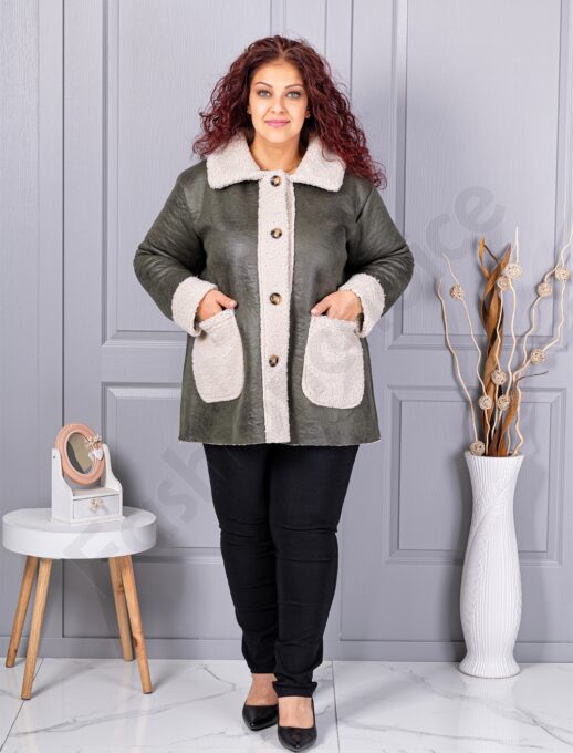 Plus size σουέτ μπουφάν με γούνινη λεπτομέρεια-χακί-κωδ 9830-2