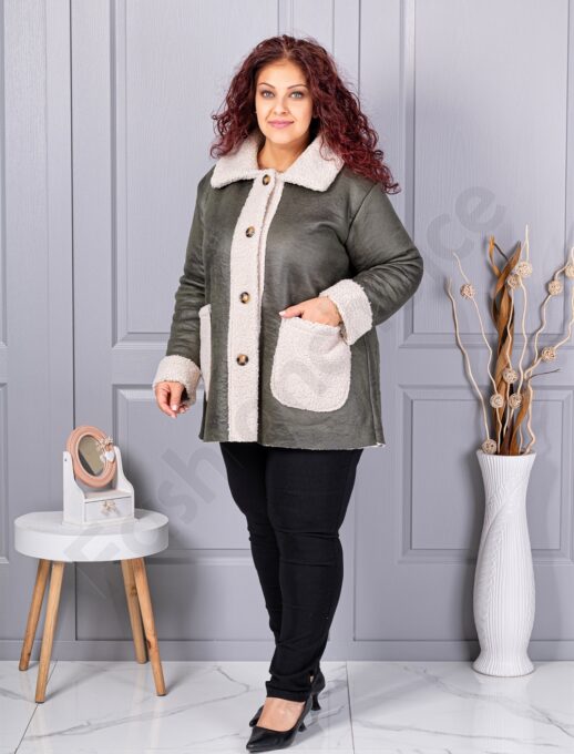 Plus size σουέτ μπουφάν με γούνινη λεπτομέρεια-χακί-κωδ 9830-2
