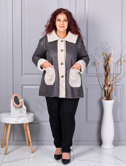 Plus size σουέτ μπουφάν με γούνινη λεπτομέρεια-γκρι-κωδ 9830-4