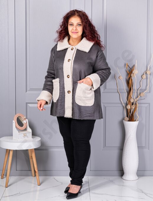 Plus size σουέτ μπουφάν με γούνινη λεπτομέρεια-γκρι-κωδ 9830-4