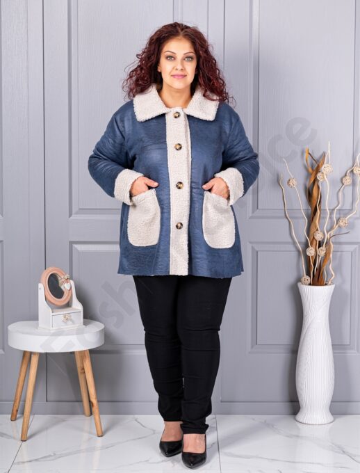 Plus size σουέτ μπουφάν με γούνινη λεπτομέρεια-μπλε-κωδ 9830-3