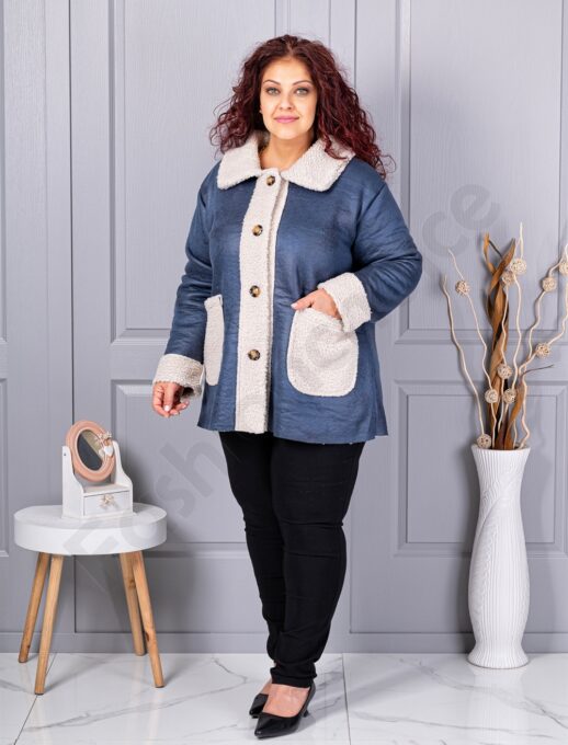 Plus size σουέτ μπουφάν με γούνινη λεπτομέρεια-μπλε-κωδ 9830-3