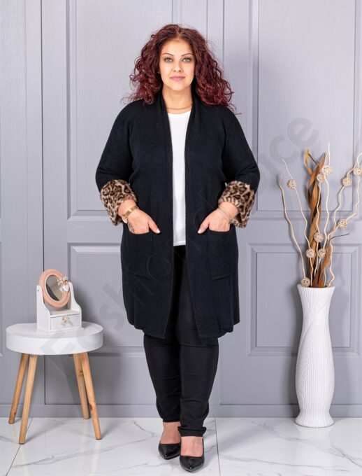 Plus size ζακέτα με χνουδωτές λεοπάρ μανσέτες-μαύρο-κωδ 5069