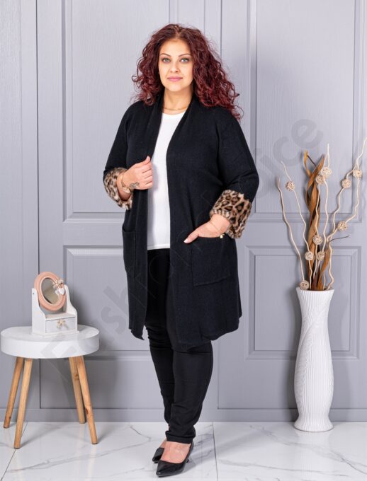 Plus size ζακέτα με χνουδωτές λεοπάρ μανσέτες-μαύρο-κωδ 5069
