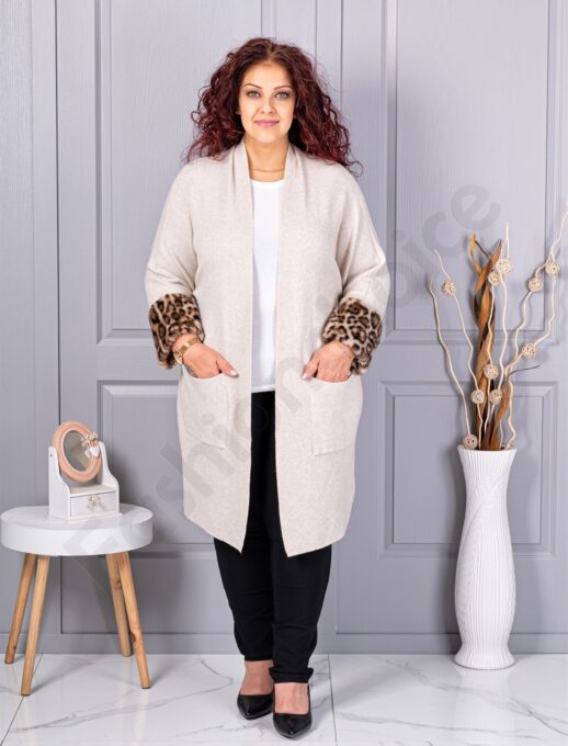 Plus size ζακέτα με χνουδωτές λεοπάρ μανσέτες-εκρού-κωδ 5069-3