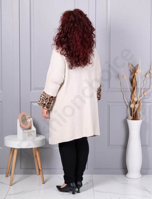 Plus size ζακέτα με χνουδωτές λεοπάρ μανσέτες-εκρού-κωδ 5069-3