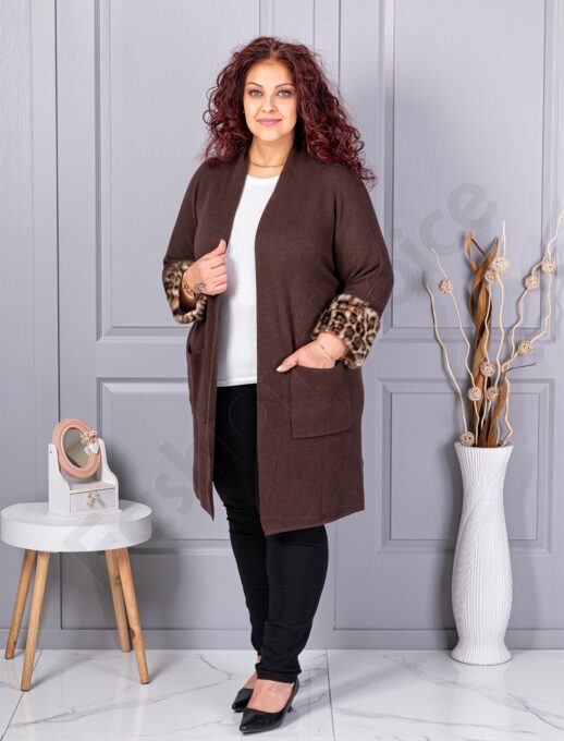 Plus size ζακέτα με χνουδωτές λεοπάρ μανσέτες-καφέ-κωδ 5069-2