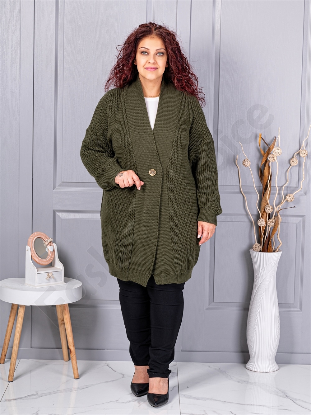 Plus size ζακέτα με ανάγλυφη πλέξη-χακί-κωδ 25802-4