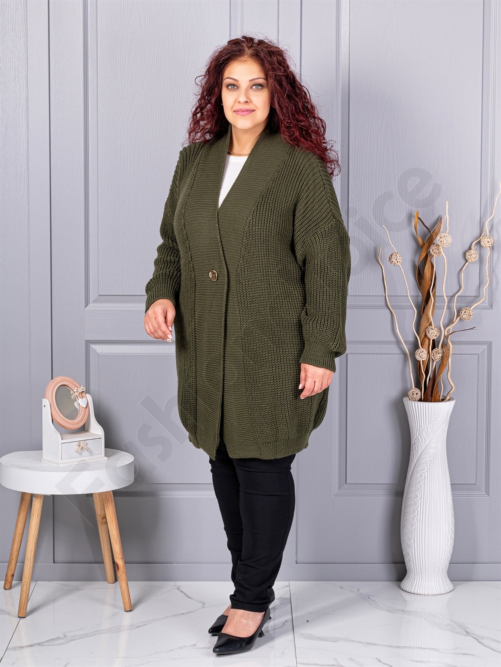 Plus size ζακέτα με ανάγλυφη πλέξη-χακί-κωδ 25802-4