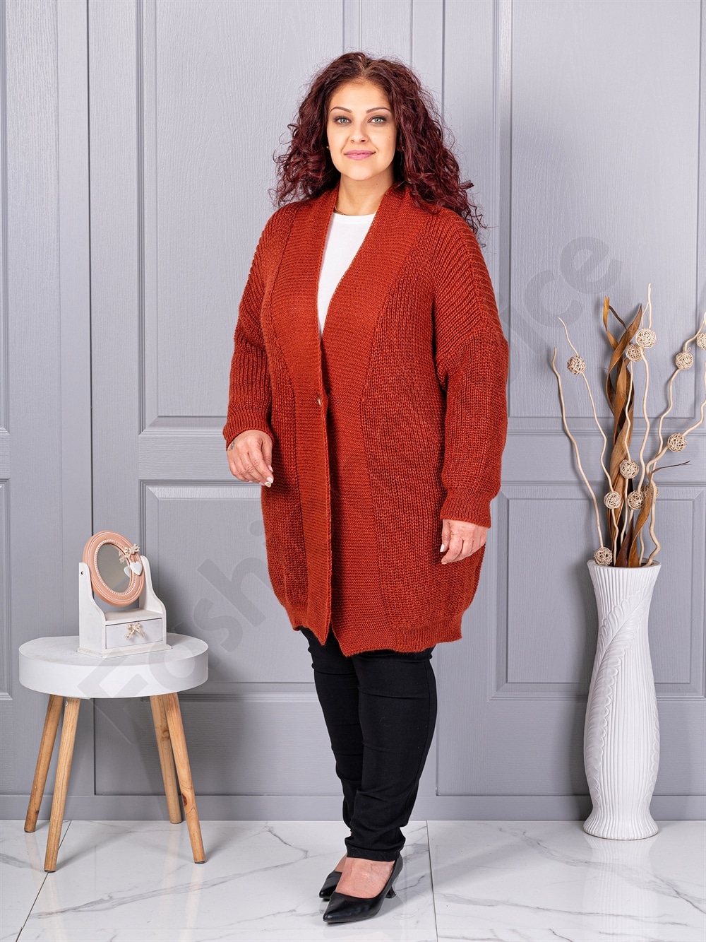 Plus size ζακέτα με ανάγλυφη πλέξη-κεραμιδί-κωδ 25802-2